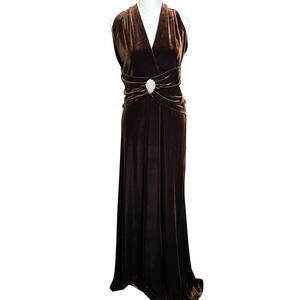 Vtg Chocolate Halter Neck, Velour Evening Dress Dark Romantic Size 14